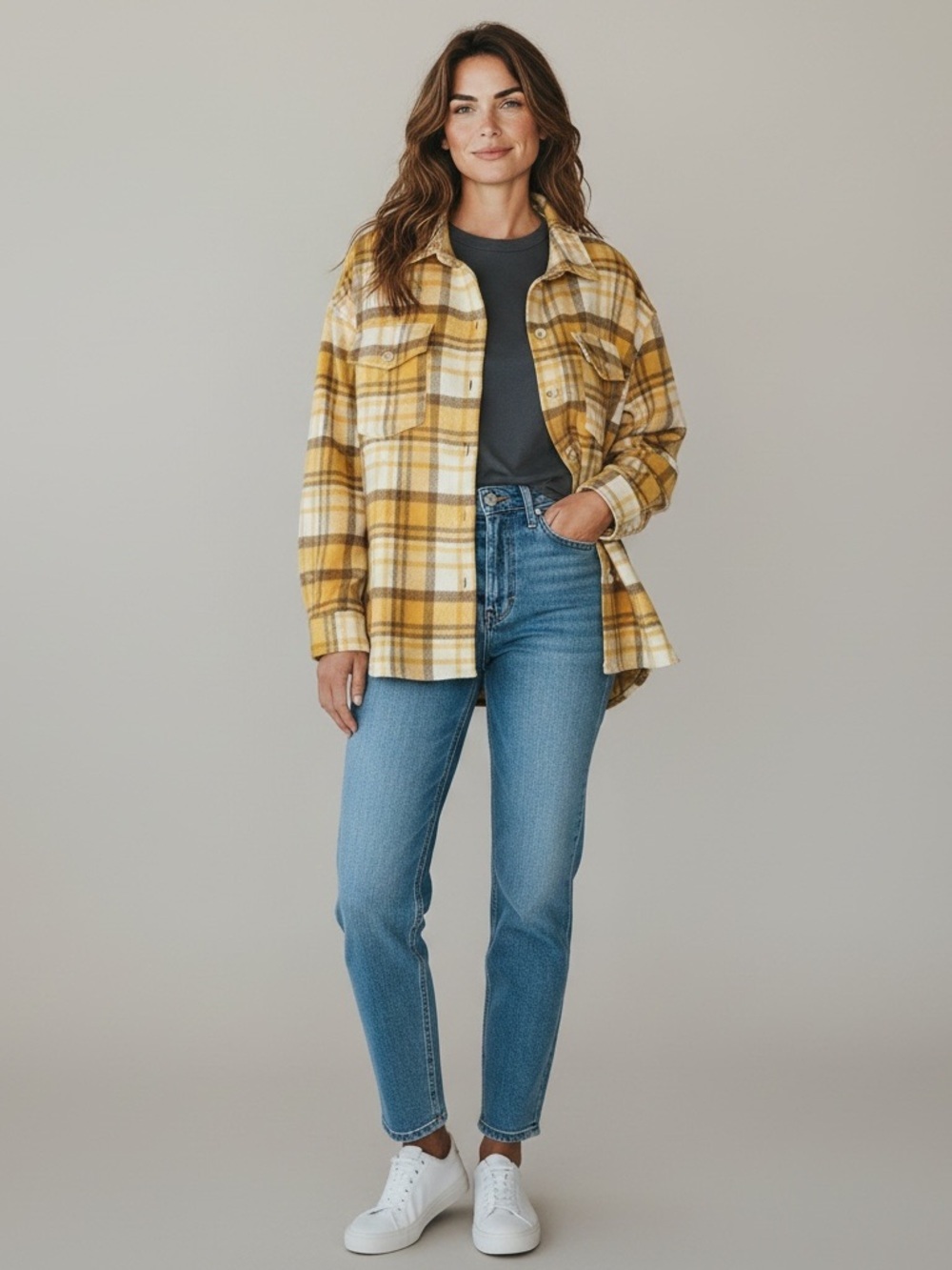 12PM Women's Large Yellow Plaid Shacket Button Up Flannel Shirt Jacket Long Slee